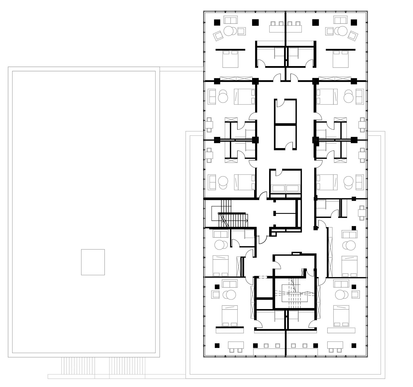 Grundriss des 8. Obergeschosses mit Serviced Apartments um die zentrale Erschließung.