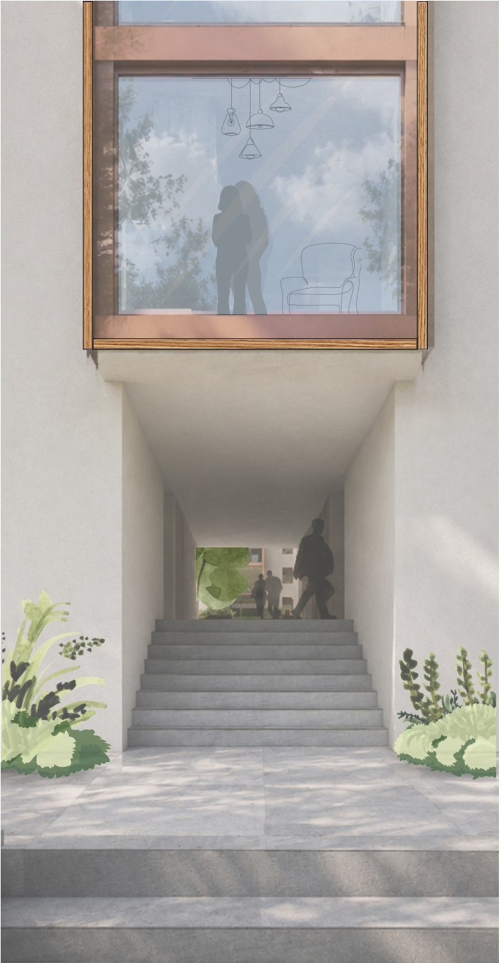 Visualisierung eines Durchgangs: Treppe zwischen den Gebäuden, darüber ein großer Fensterkörper mit Holzrahmen.
