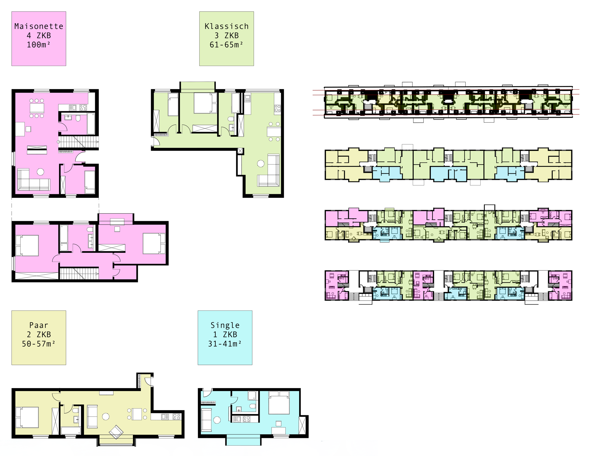 Grundrisse der vier Wohnungstypen und des modularen Geschossgrundrisses.