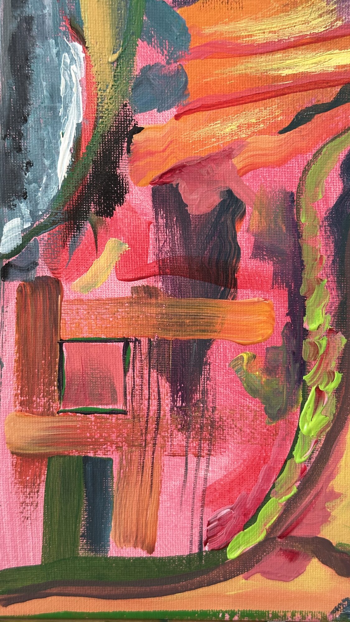 Detail links: orange Streifen und braune Balken auf Rosa.
