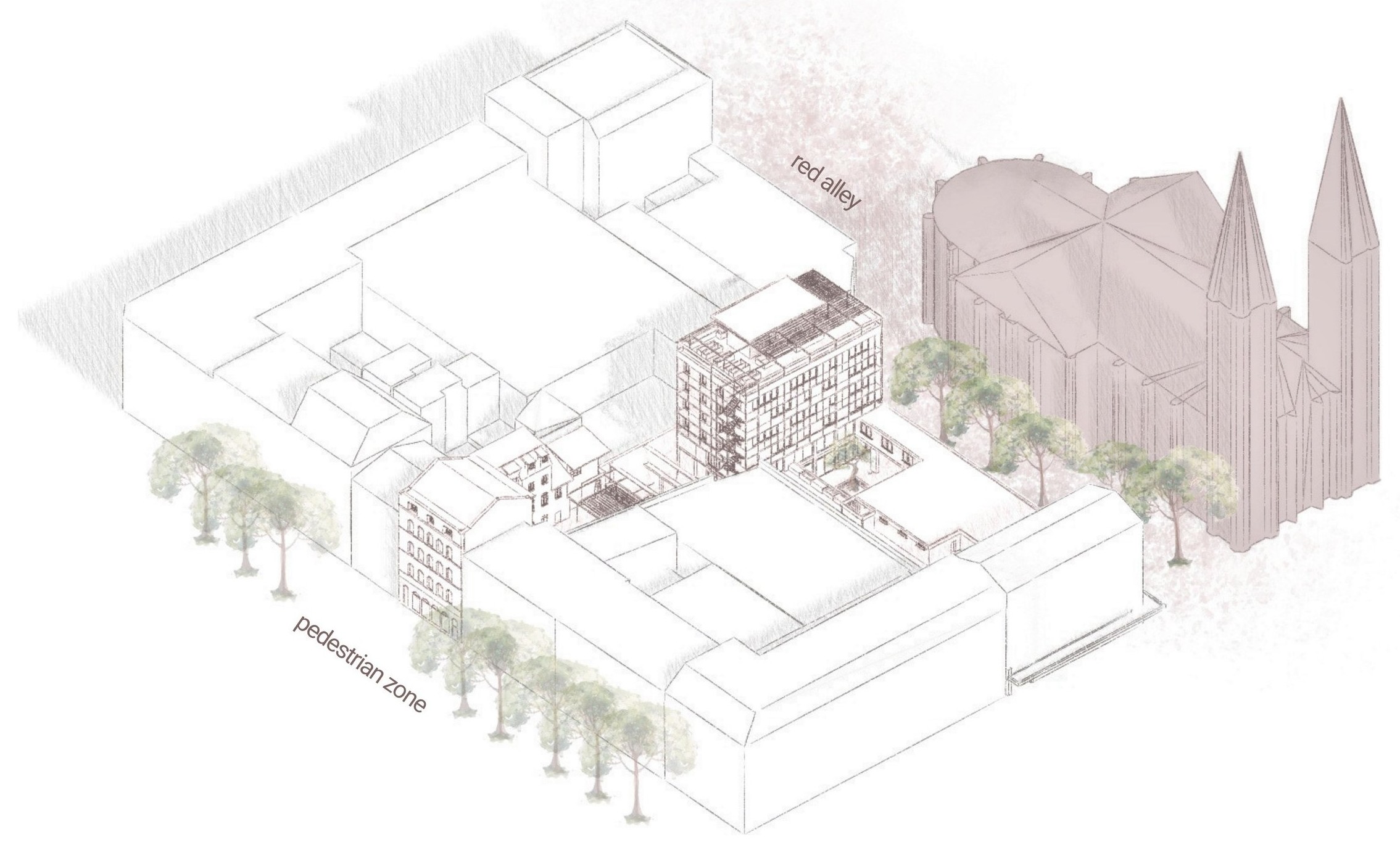 Axonometrie des reaktivierten Stadtblocks mit Roter Gasse und Fußgängerzone.